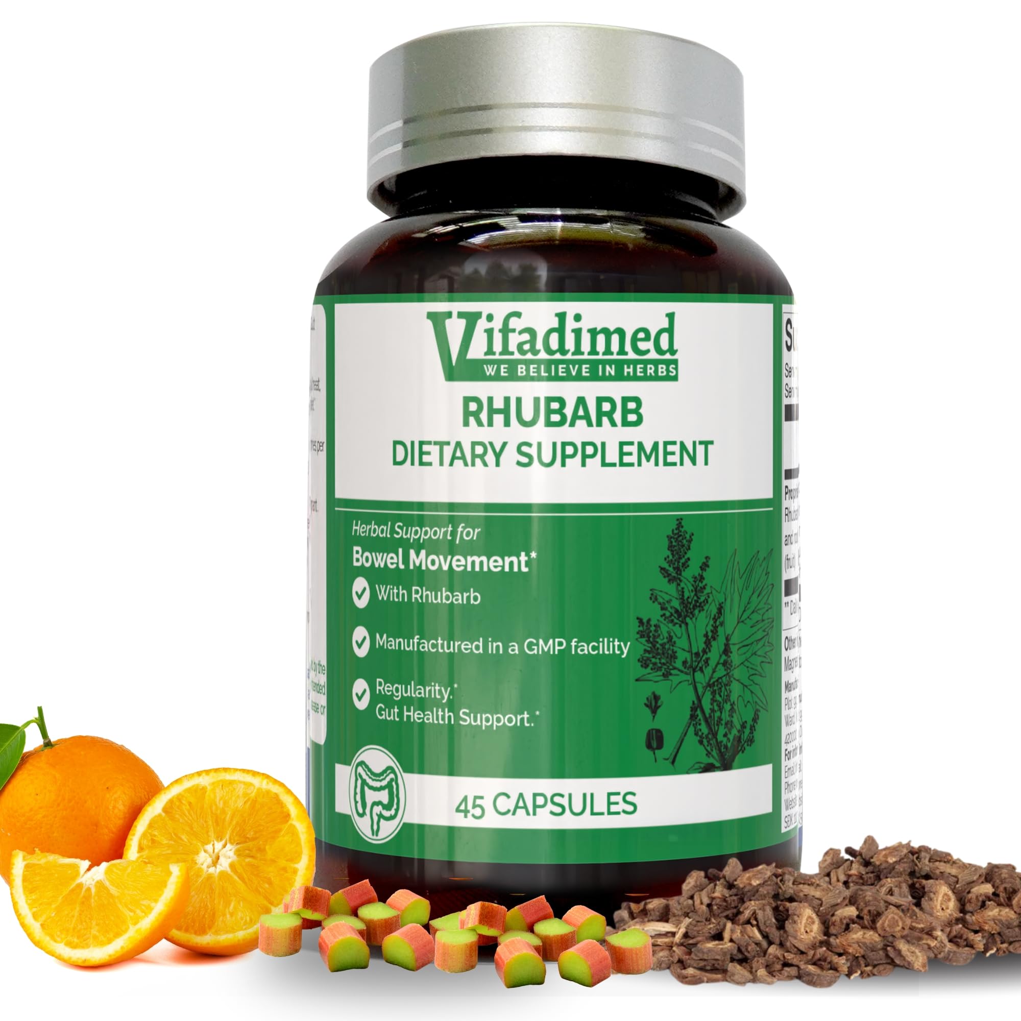 VIFADIMED Rhubarb bottle showing gentle daily gut motility support