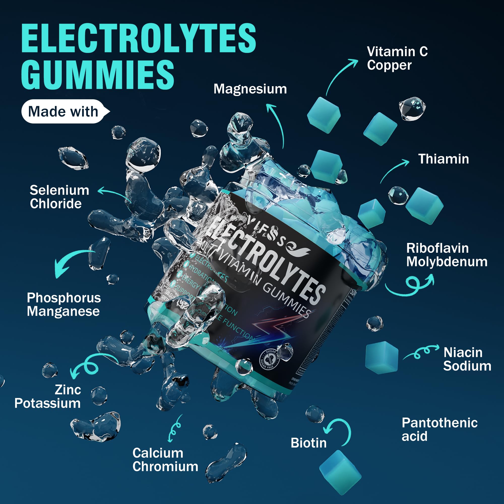 Close-up label of VIFSSG Electrolytes Gummies blue raspberry showing no sugar claim