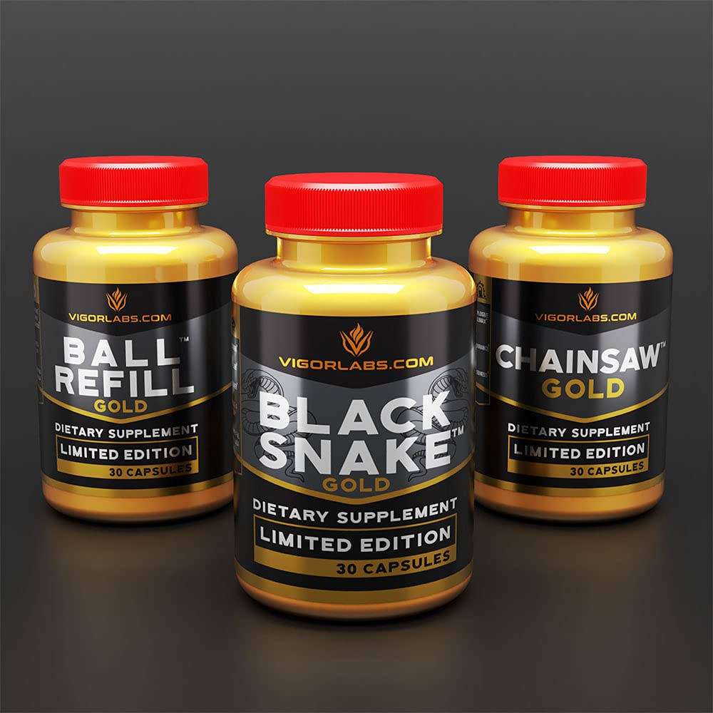Vigor Labs Black Snake Gold bottle displays capsules with possible endurance and prostate health support.
