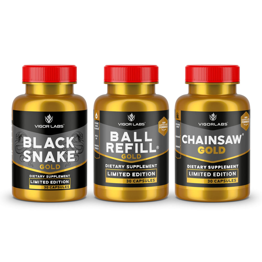 Vigor Labs Gold Stack pack showing the triple supplement bundle for potential stamina and firmness.