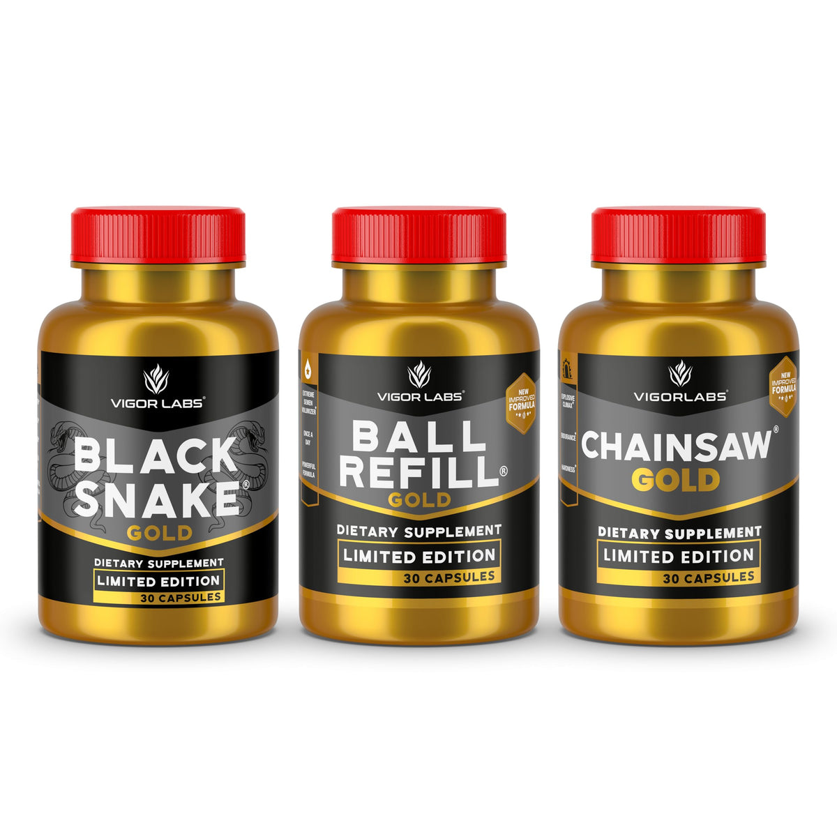 Vigor Labs Gold Stack pack showing the triple supplement bundle for potential stamina and firmness.