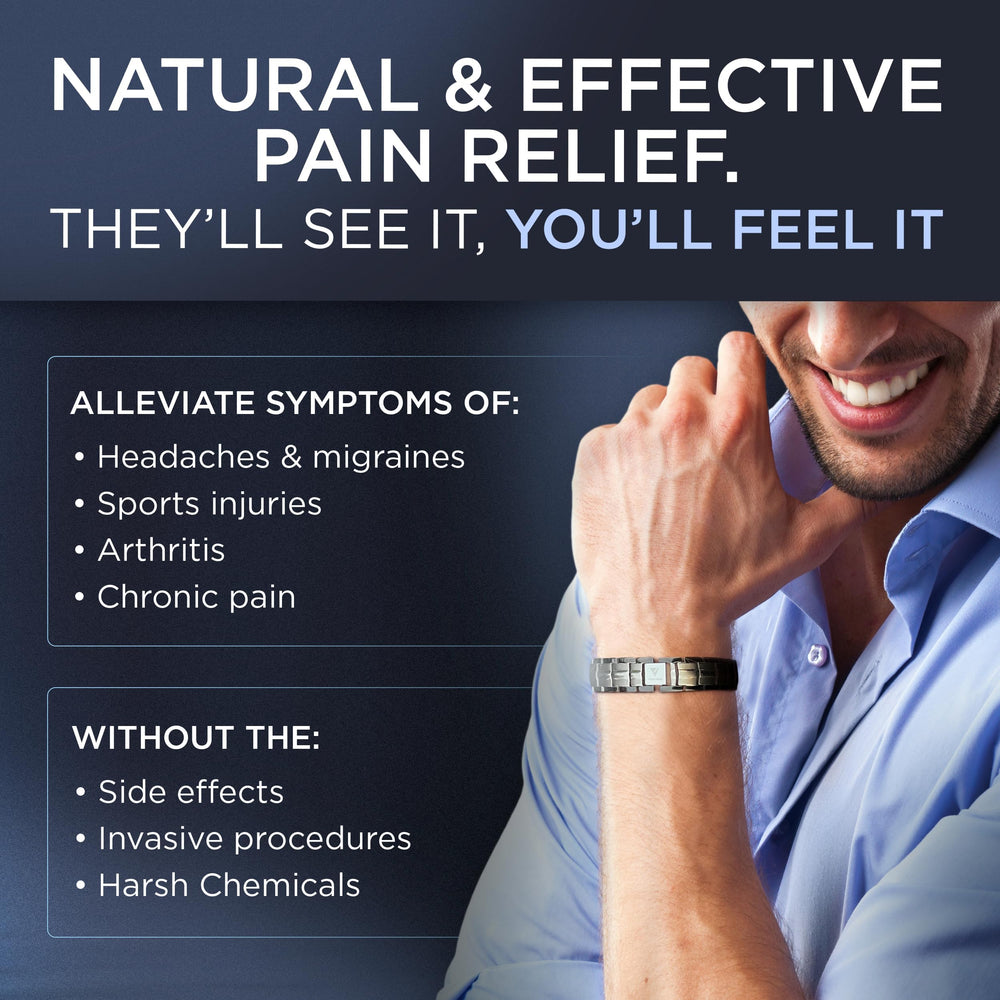 Vigor Wave titanium bracelet on wrist, highlighting hypoallergenic metal for all-day comfort.