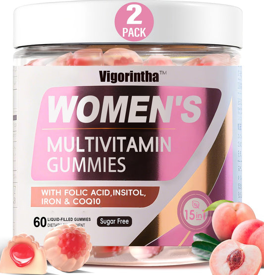 Vigorintha bottle featuring peach-flavored multivitamin gummies for daily energy support.