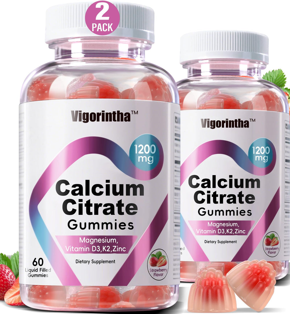 Vigorintha Calcium Citrate Gummies bottle highlighting 1200 mg per gummy for easy daily calcium intake