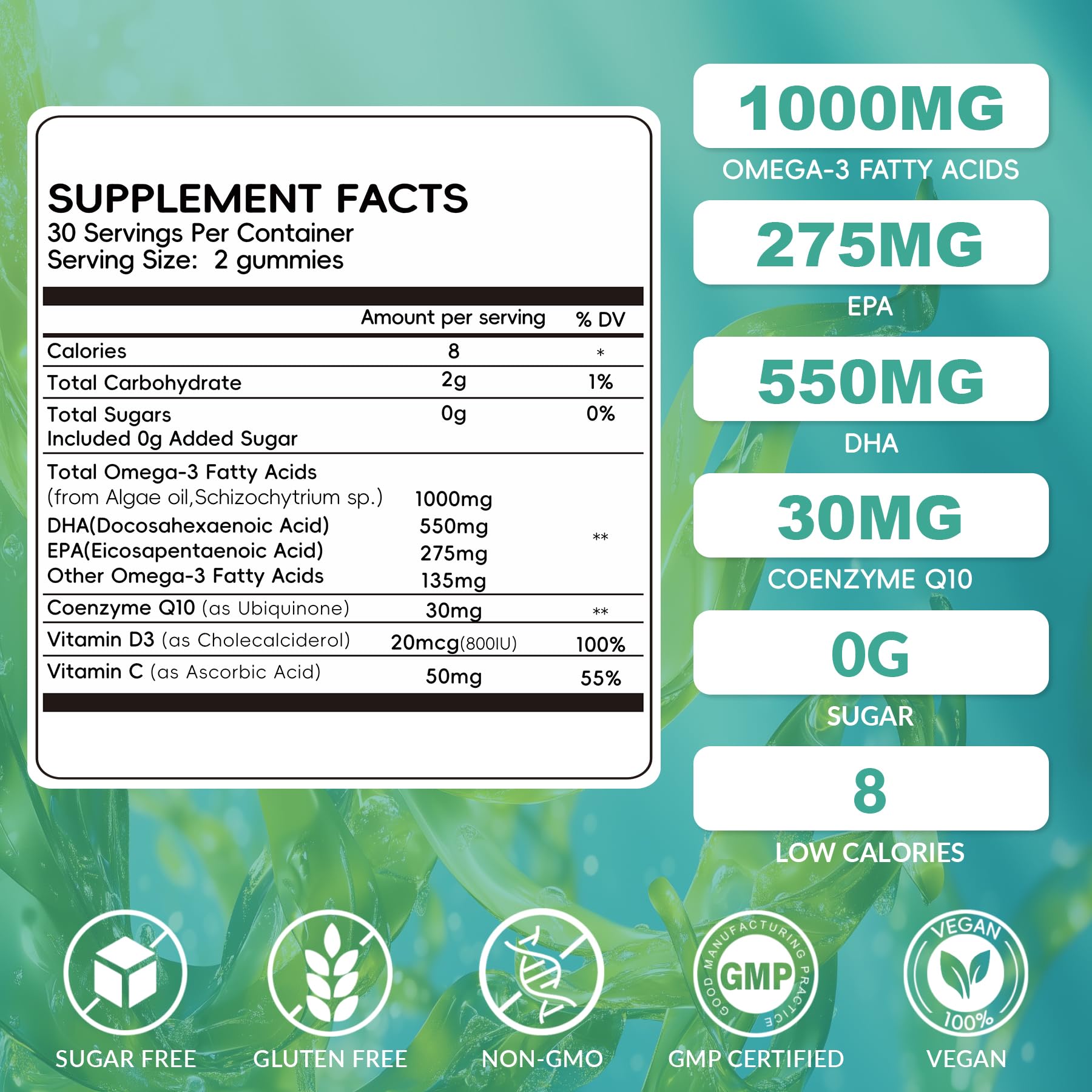 Vigorintha vegan Omega-3 gummies bottle side label shows algae source and vitamin blend.
