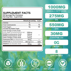 Vigorintha vegan Omega-3 gummies bottle side label shows algae source and vitamin blend.