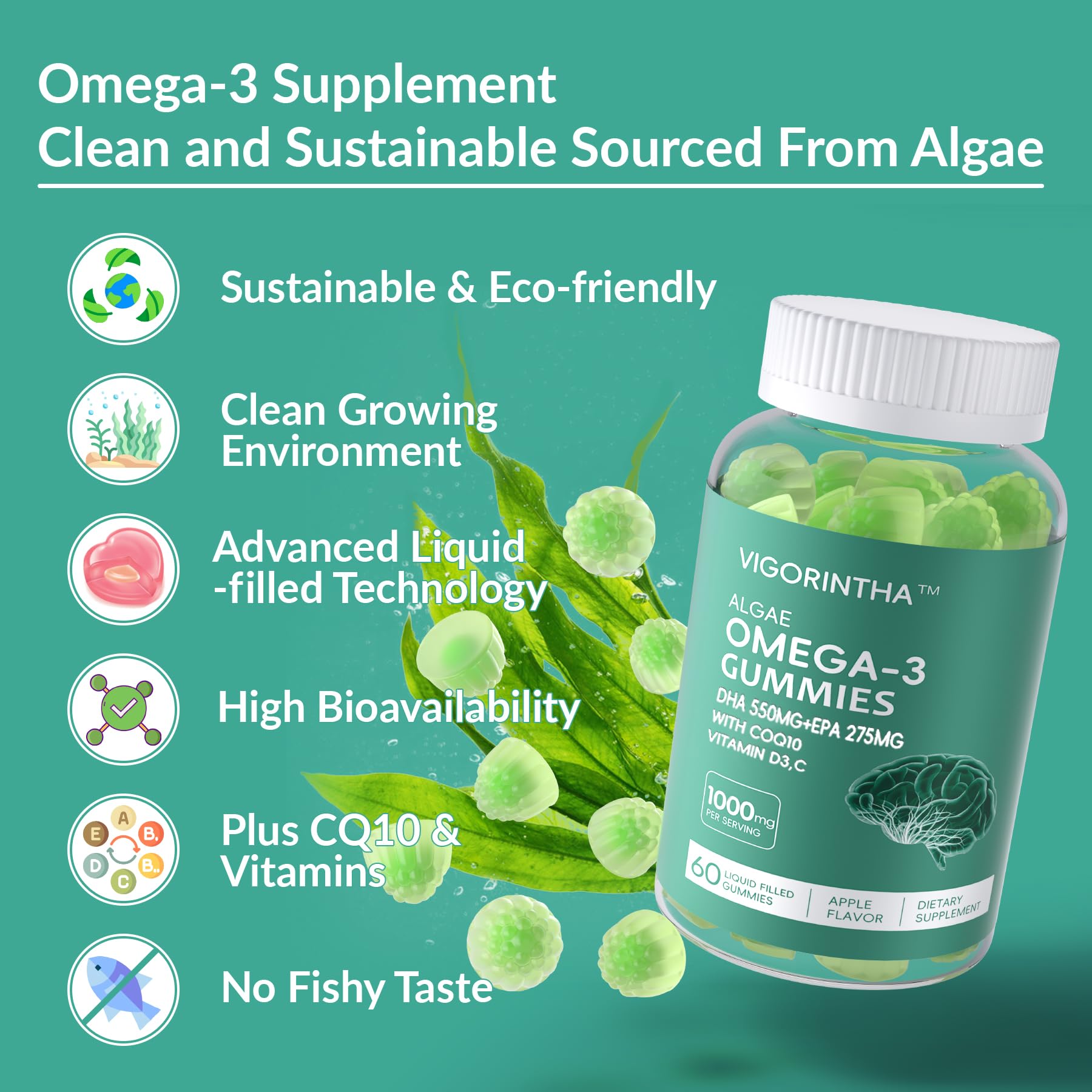 Nutrition panel for vigorintha omega-3 gummies shows DHA 550mg and EPA 275mg.