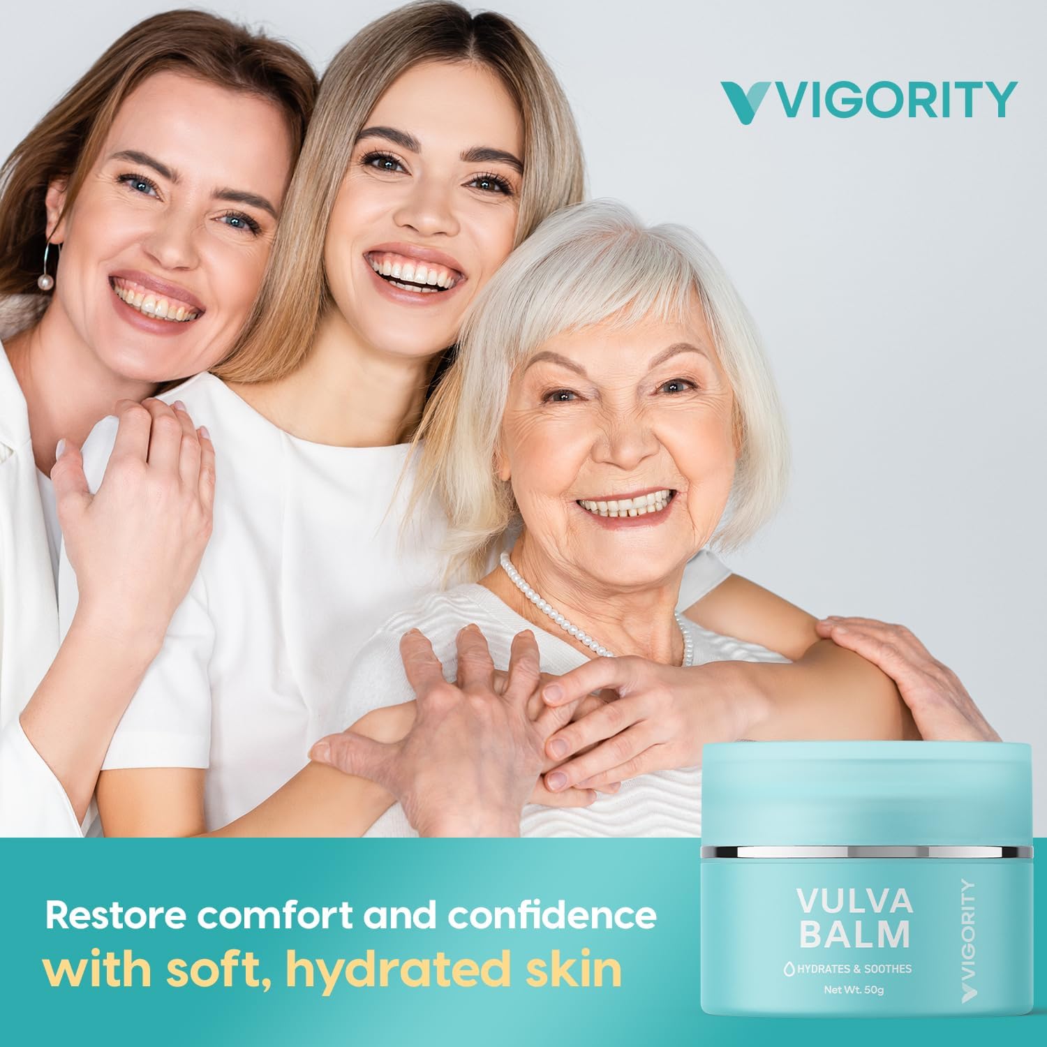 Packaging close-up emphasizes estrogen-free menopause-friendly care.