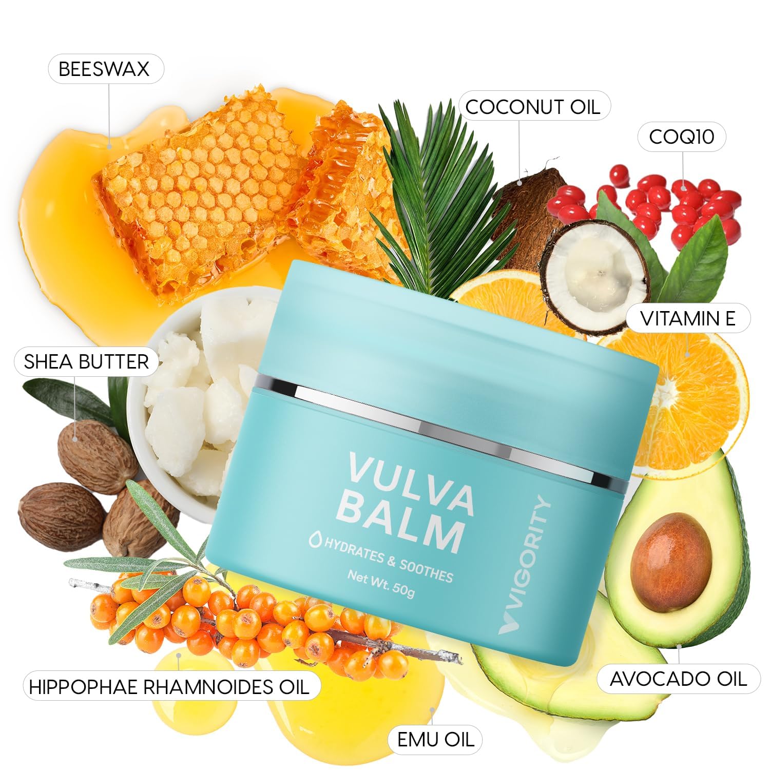Emu oil and CoQ10 highlighted on label for skin-supporting care.