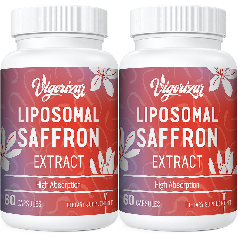 Vigorizar saffron supplements bottle on a clean countertop for daily mood and focus support.