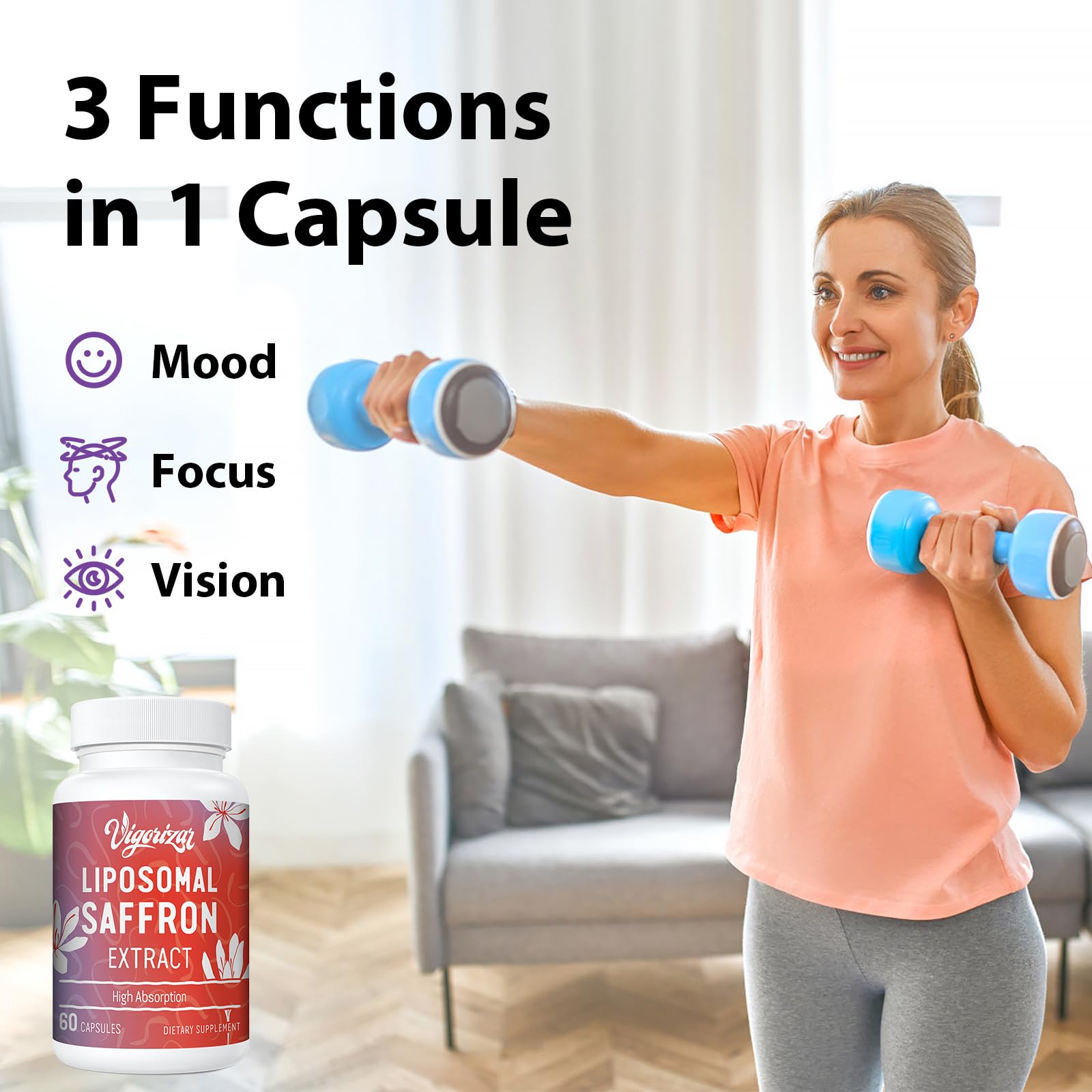 Vigorizar saffron capsules close-up showing liposomal design for enhanced absorption.