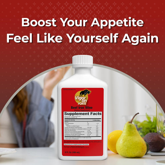 VIGORON FORTE bottle close-up label highlighting iron and B vitamin content for energy