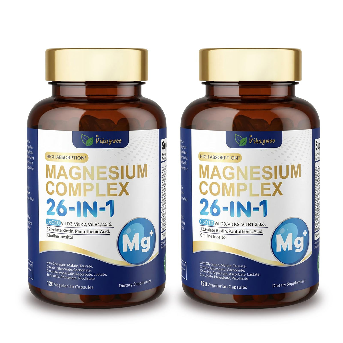 Vikaywoo 26-in-1 magnesium complex bottle on a clean surface for daily wellness.