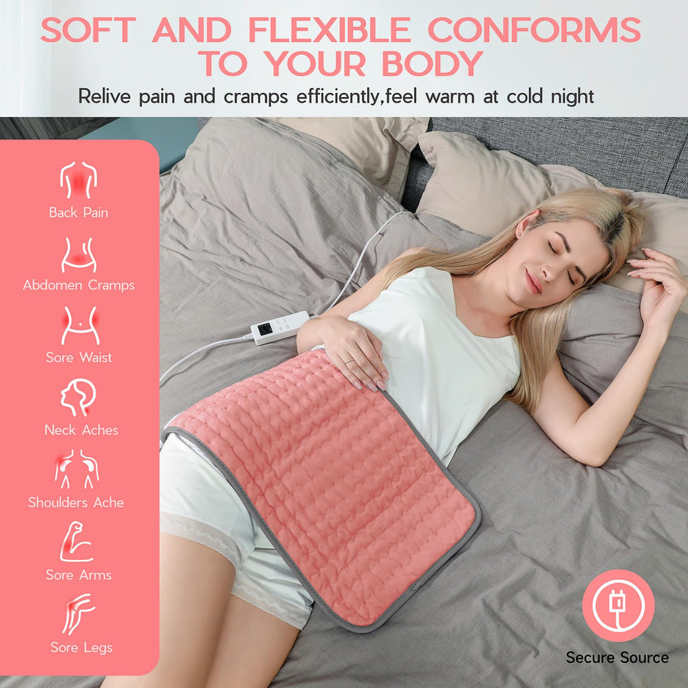 Vilicert full-body heating pad laid across abdomen for temporary comfort