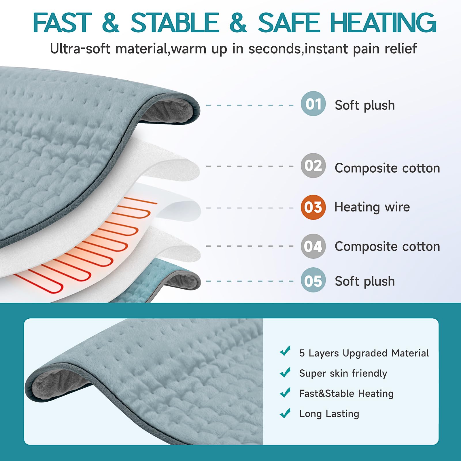 Vilicert heating pad for back and shoulders with a long cord for flexible placement.
