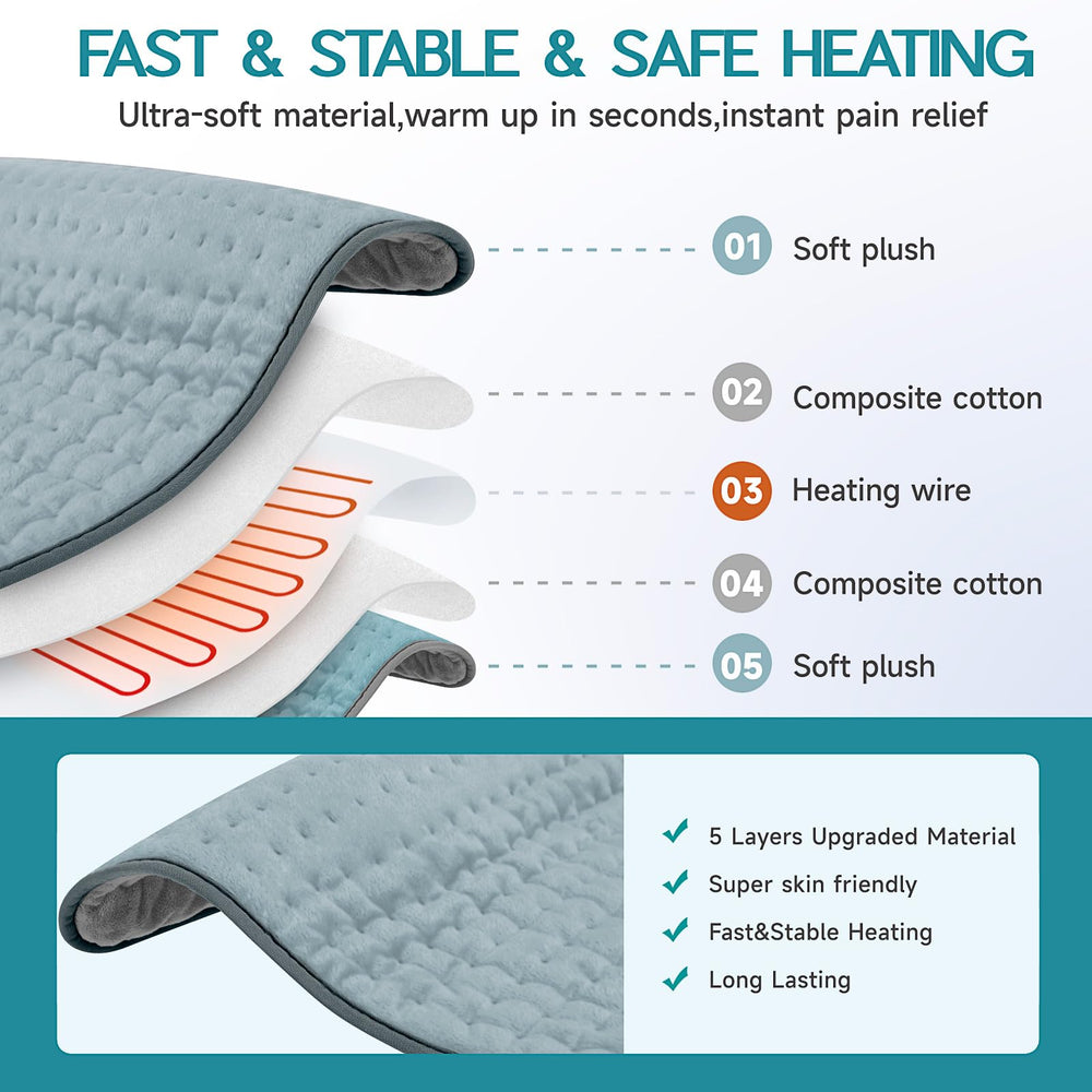 Vilicert heating pad for back and shoulders with a long cord for flexible placement.