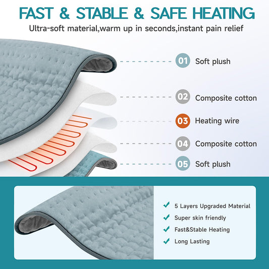 Vilicert heating pad for back and shoulders with a long cord for flexible placement.