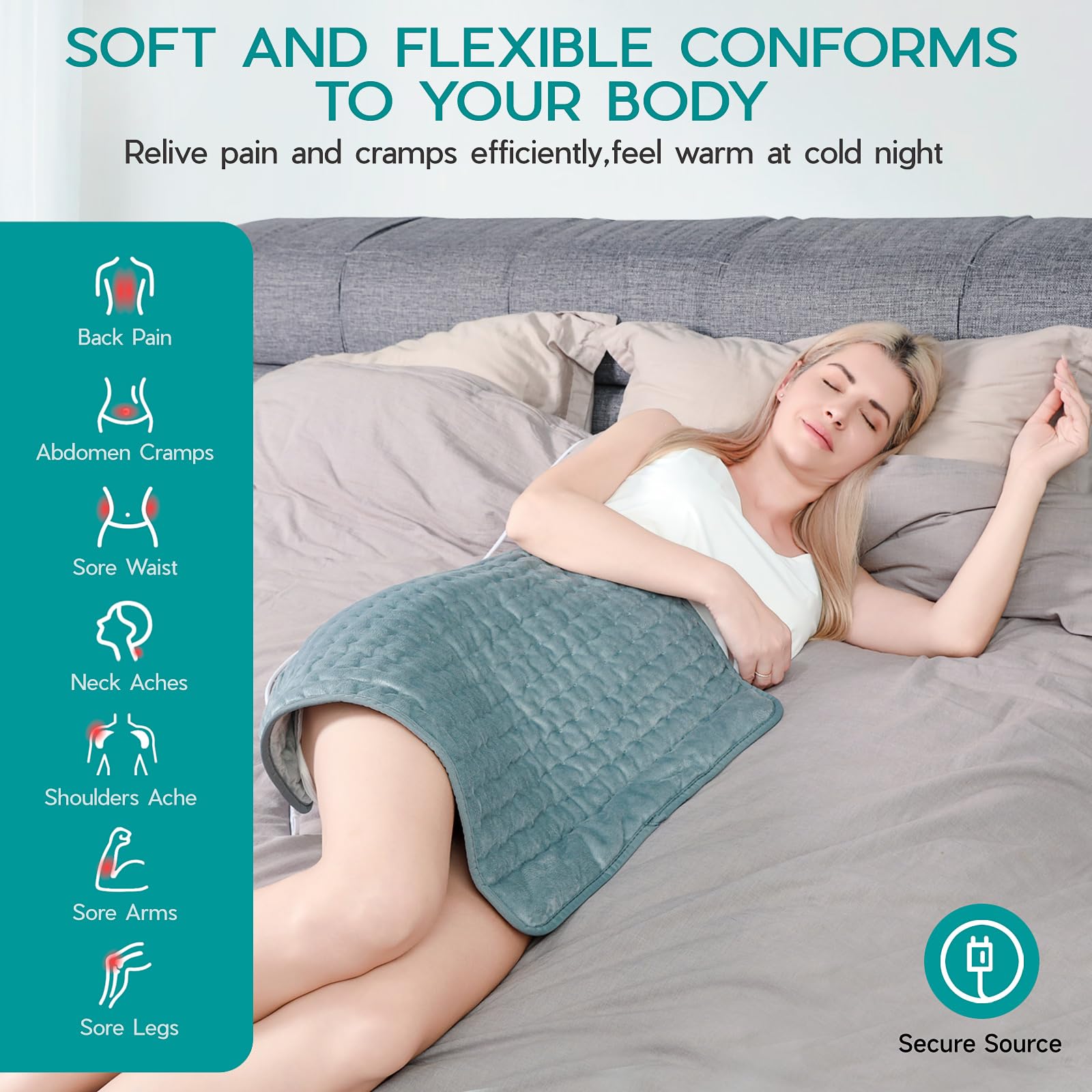 Vilicert heating pad dual-sided microfiber cover is soft and skin-friendly.
