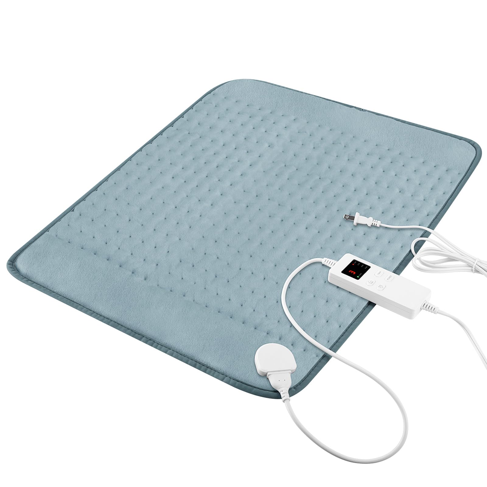 Vilicert heating pad on bed with gray cover for cramp relief and relaxation.