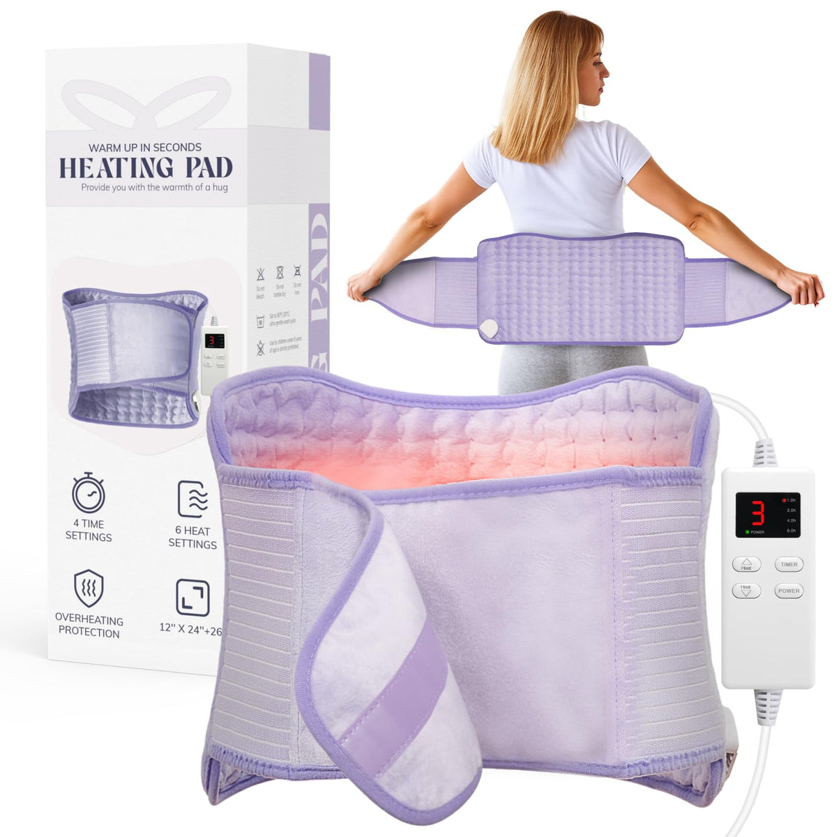 Vilicert wrap heating pad front view showing wide coverage for back and abdomen