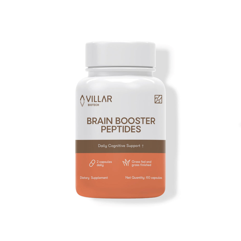 VILLAR BIOTECH Grass-Fed Bovine Brain Peptides bottle highlights memory support potential.