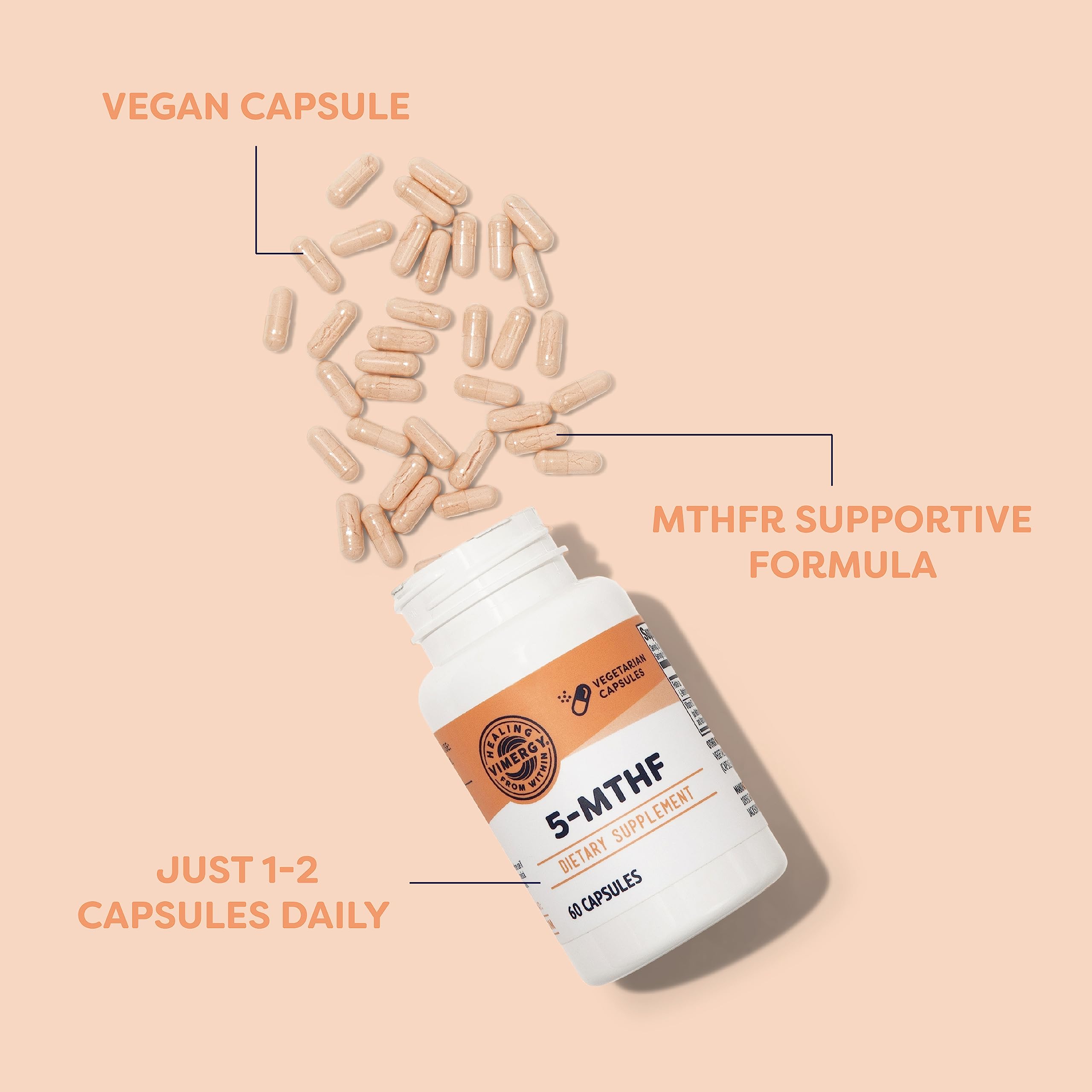 Vimergy bottle with vegan label emphasizes clean folate and B12.