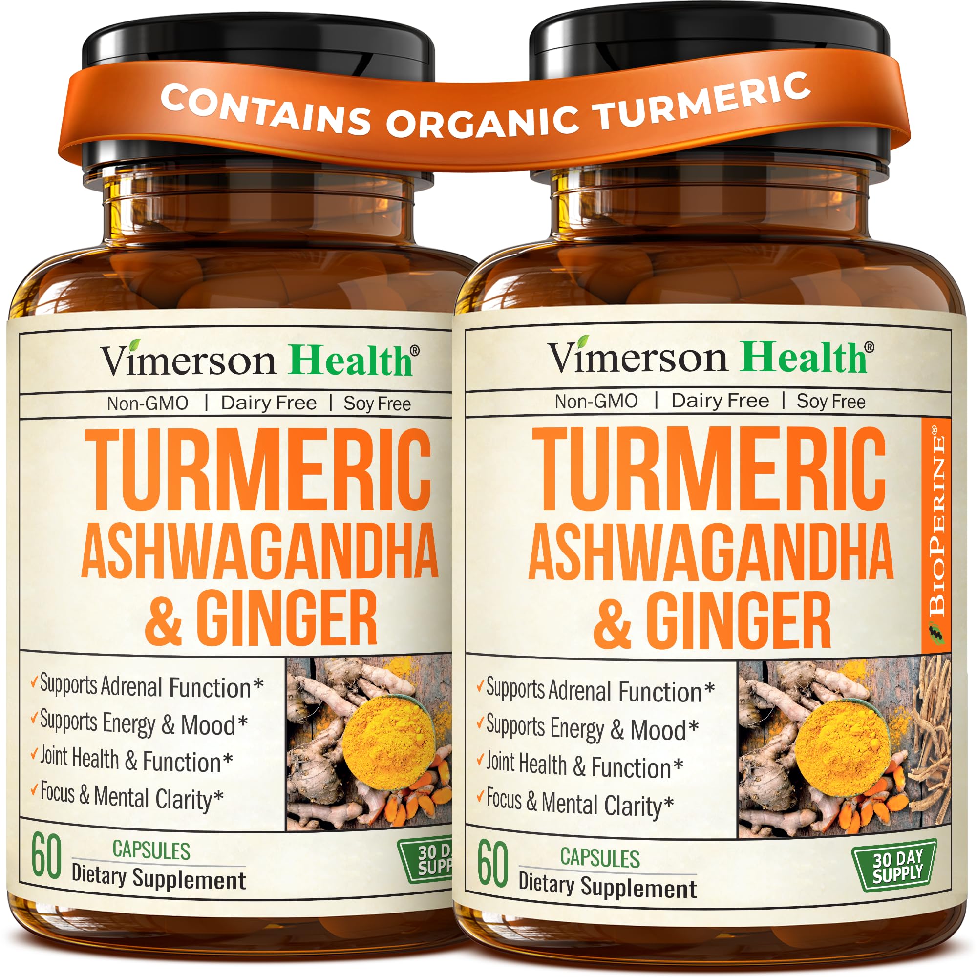Vimerson Health ashwangdha turmeric capsules bottle front showing product brand and form as daily supplement for joint support