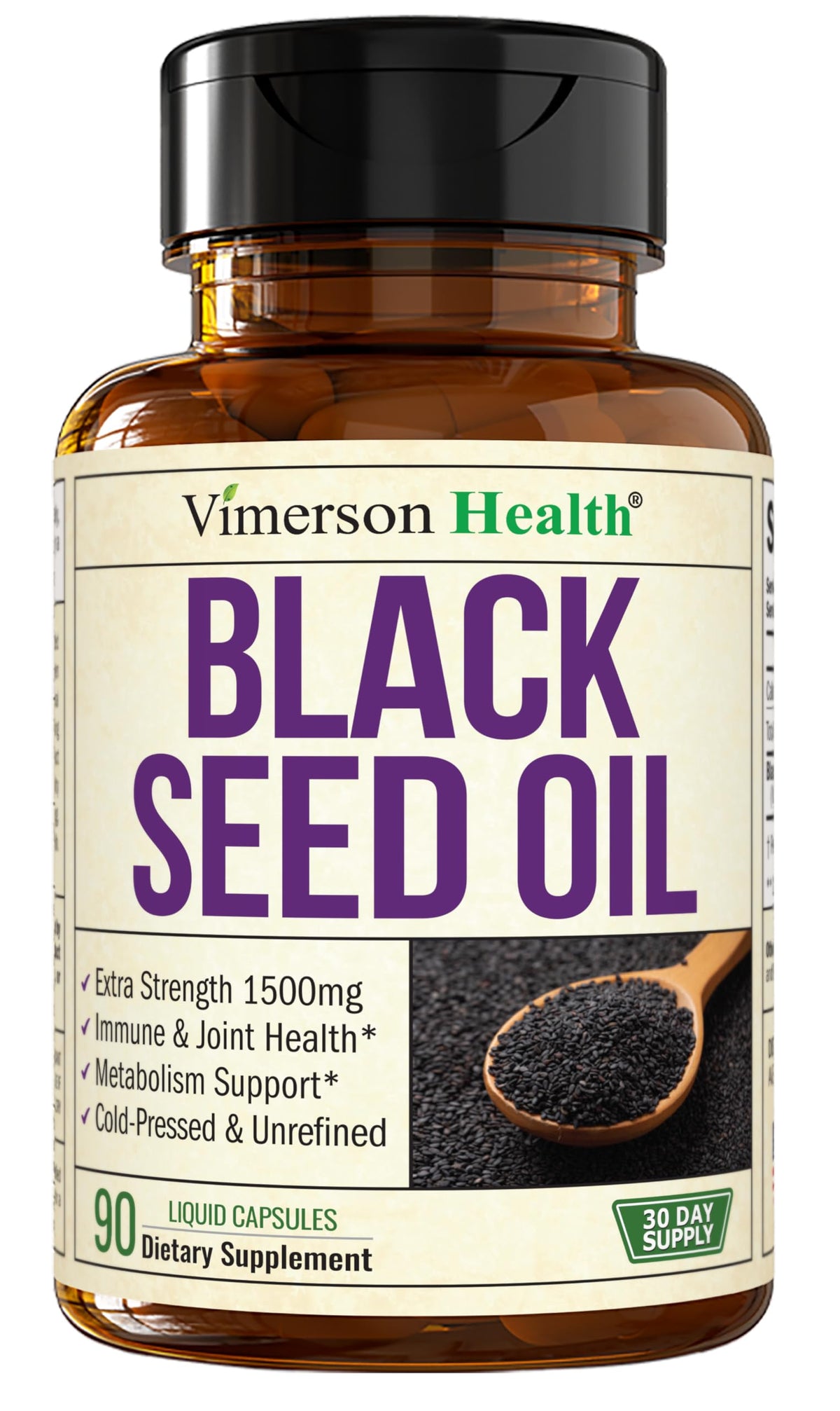 Vimerson Health Black Seed Oil capsules in a bottle showing immune-support potential.