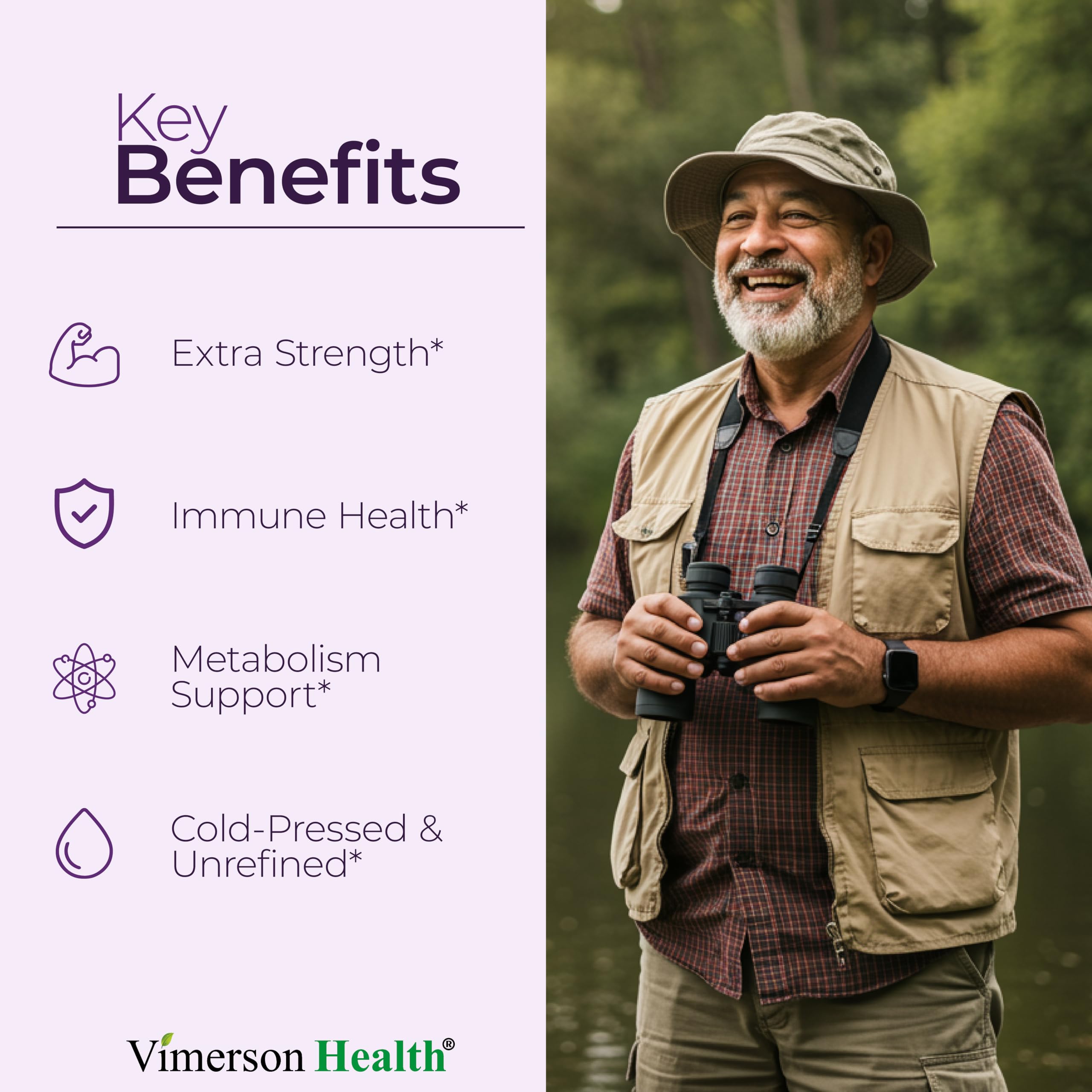 Vimerson Health Black Seed Oil capsules in close-up highlighting high potency per serving.