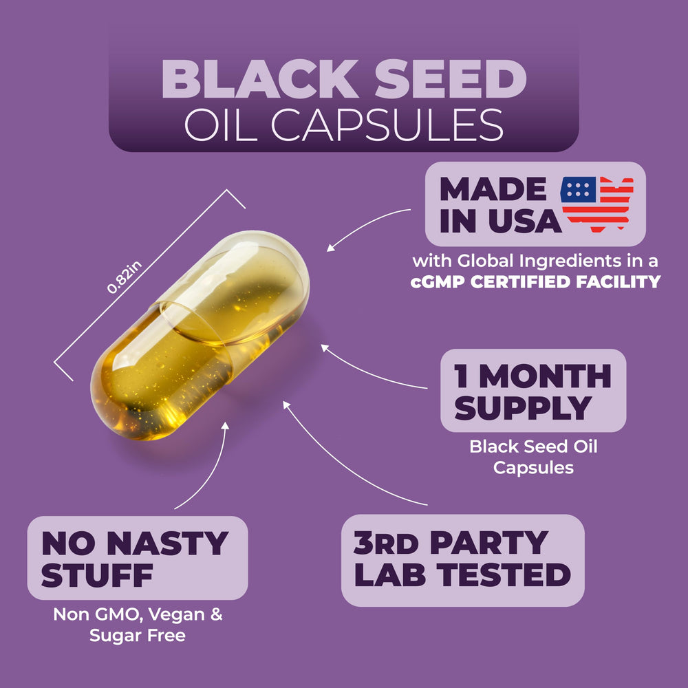 Vimerson Health Black Seed Oil capsules ready for daily use beside a nutrition label.