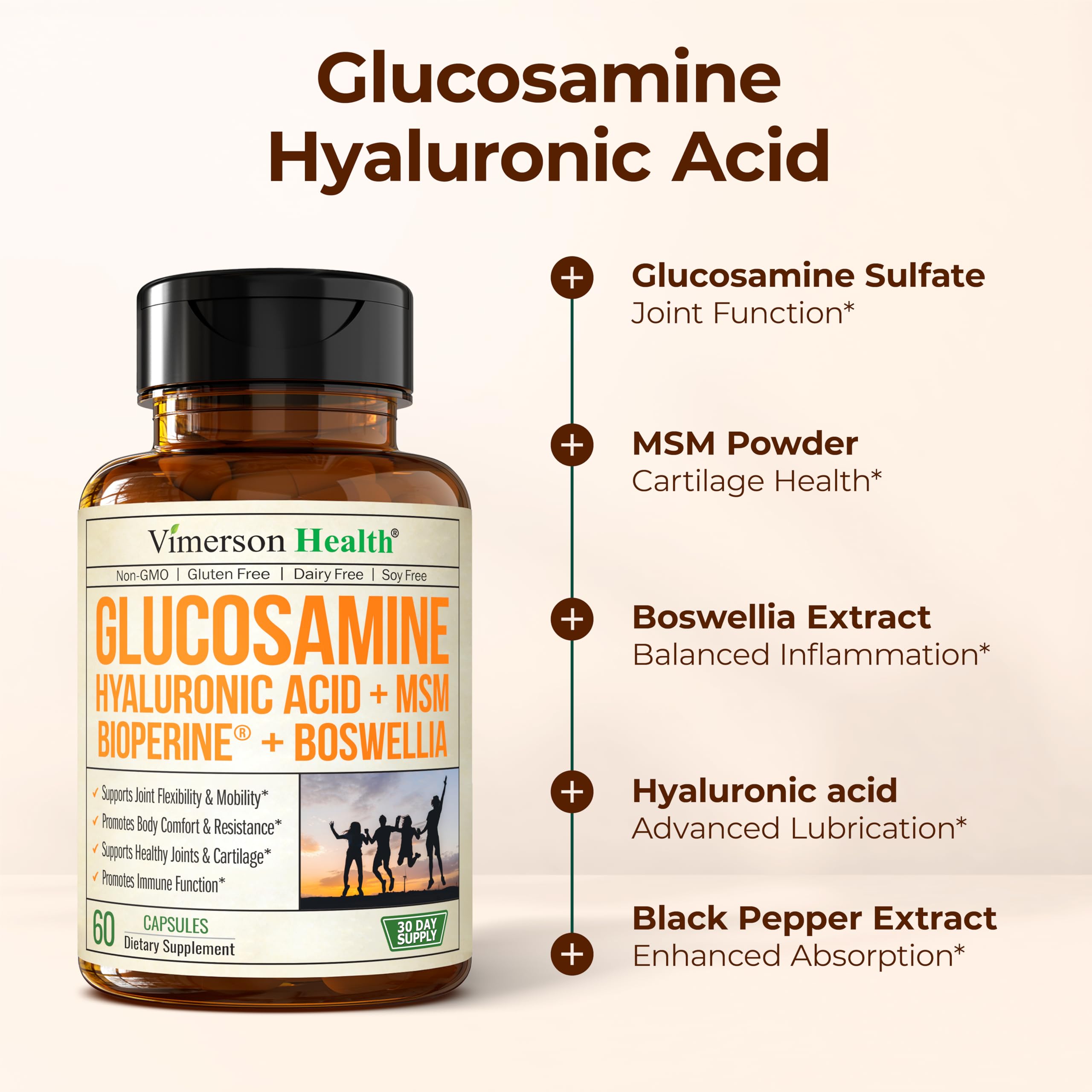 Cartilage-supporting glucosamine and MSM capsules shown in Vimerson Health bundle.
