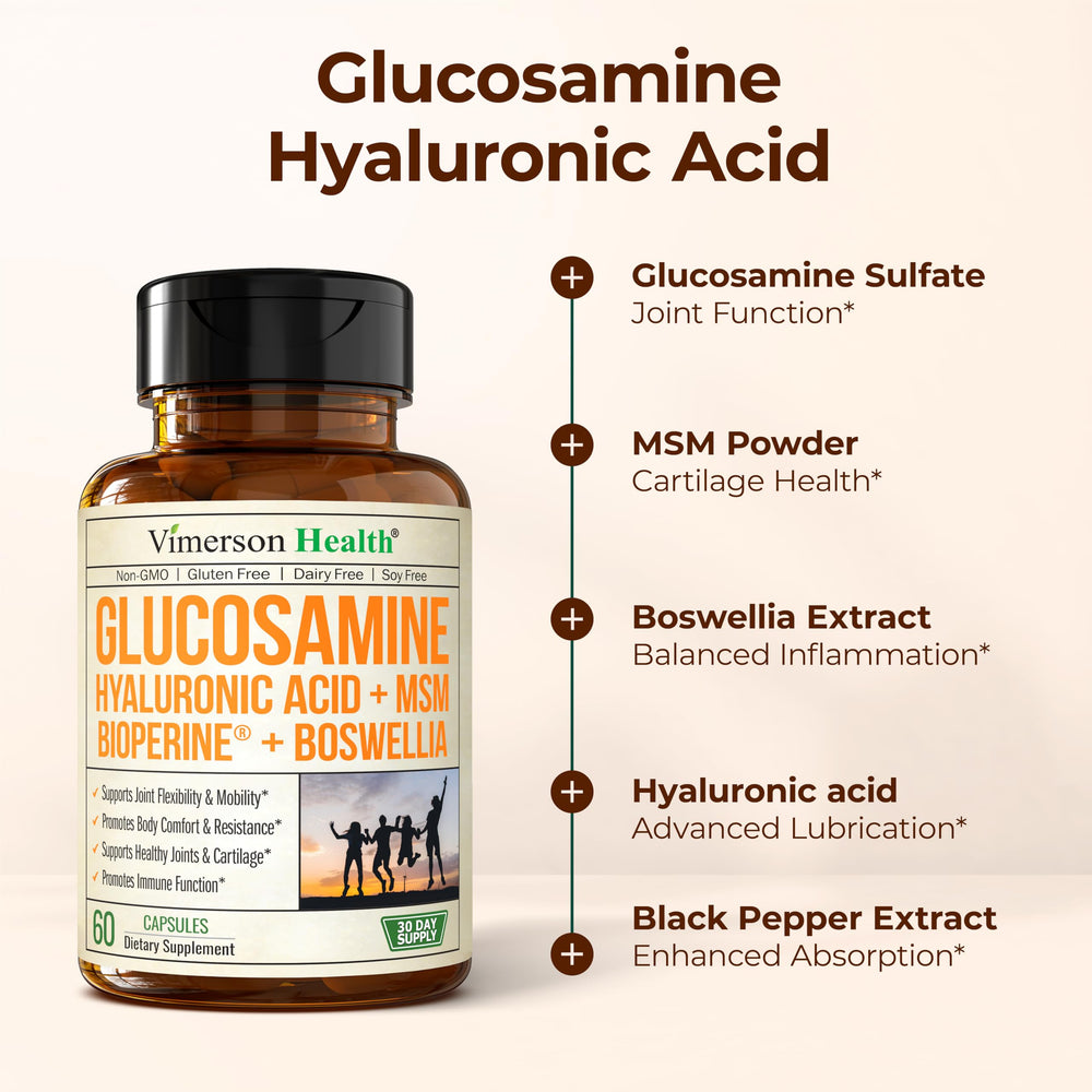 Cartilage-supporting glucosamine and MSM capsules shown in Vimerson Health bundle.