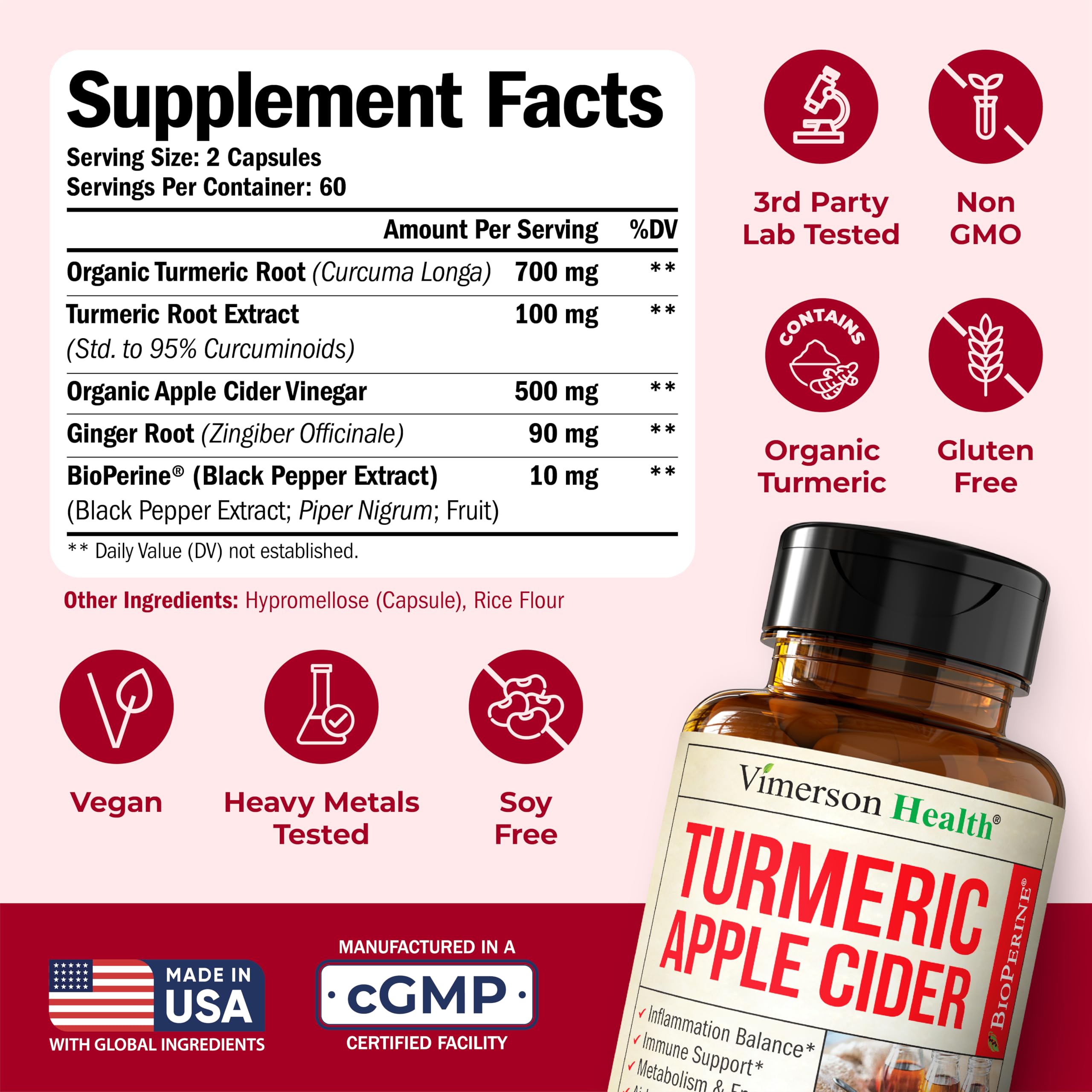 Vimerson Health Ginger root capsules bottle aids digestion and gut comfort.