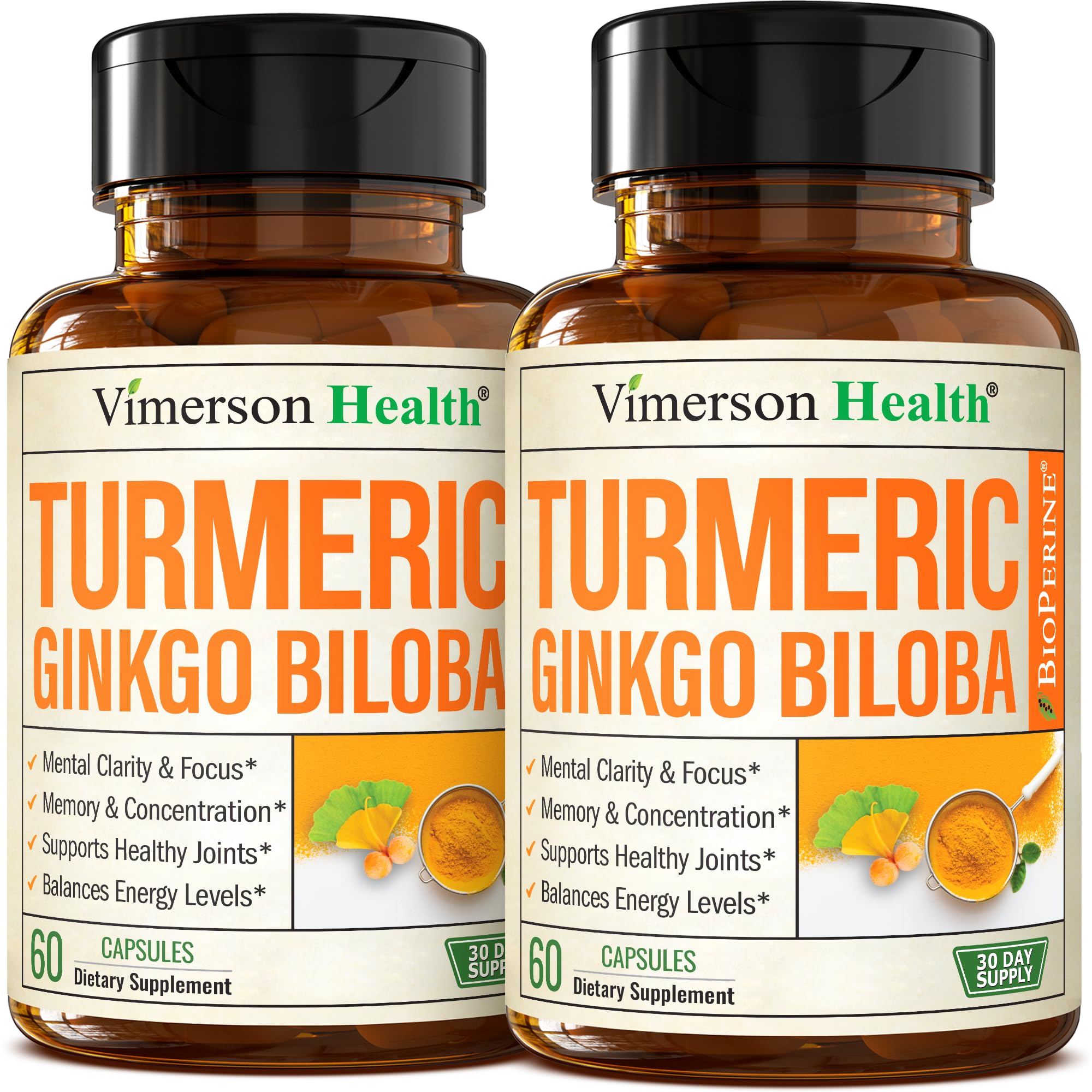 Vimerson Health Ginkgo Biloba Turmeric bottle front supports focus and brain health