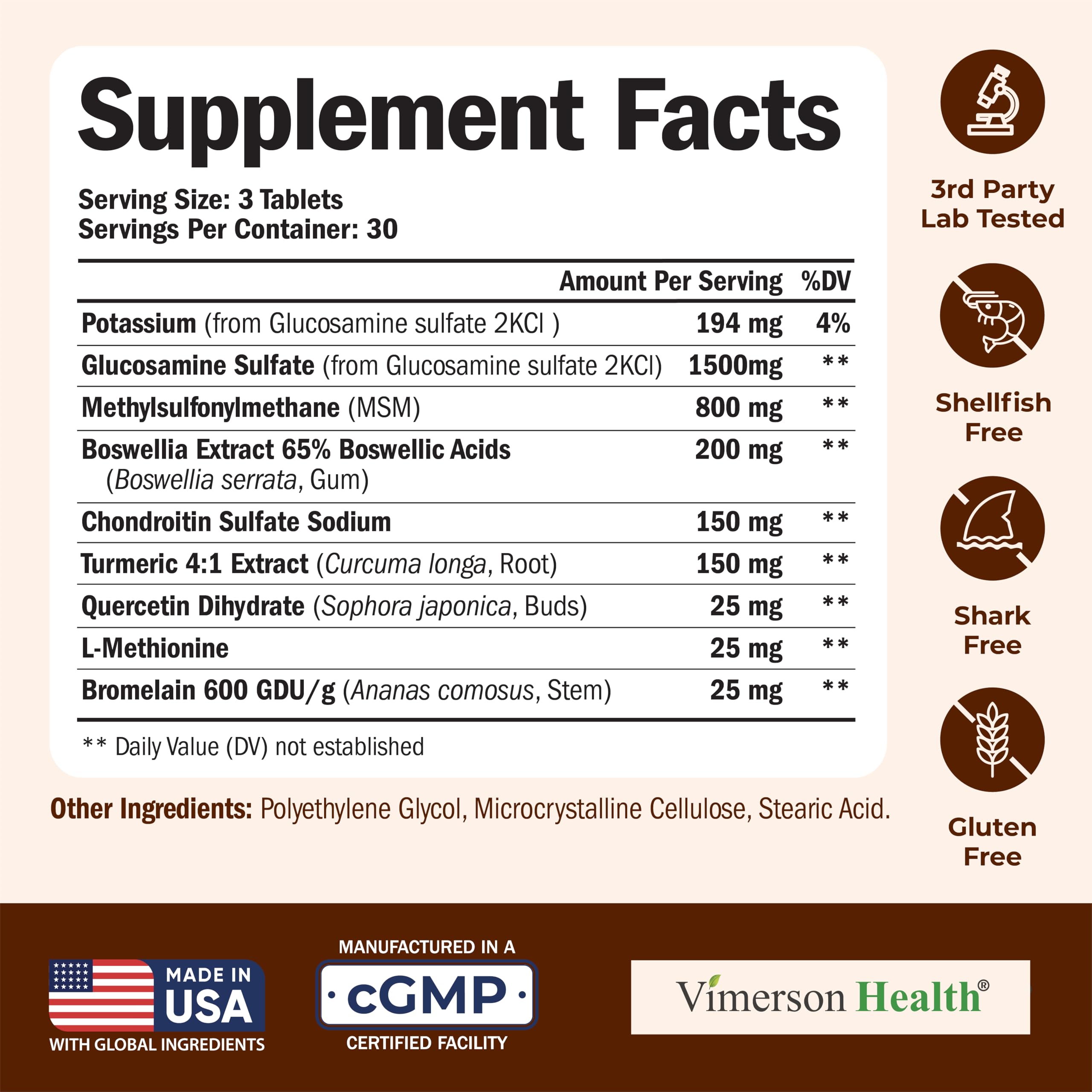 Vimerson Health Glucosamine bottle label emphasizes USA-made quality and third-party testing.