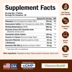 Vimerson Health Glucosamine bottle label emphasizes USA-made quality and third-party testing.