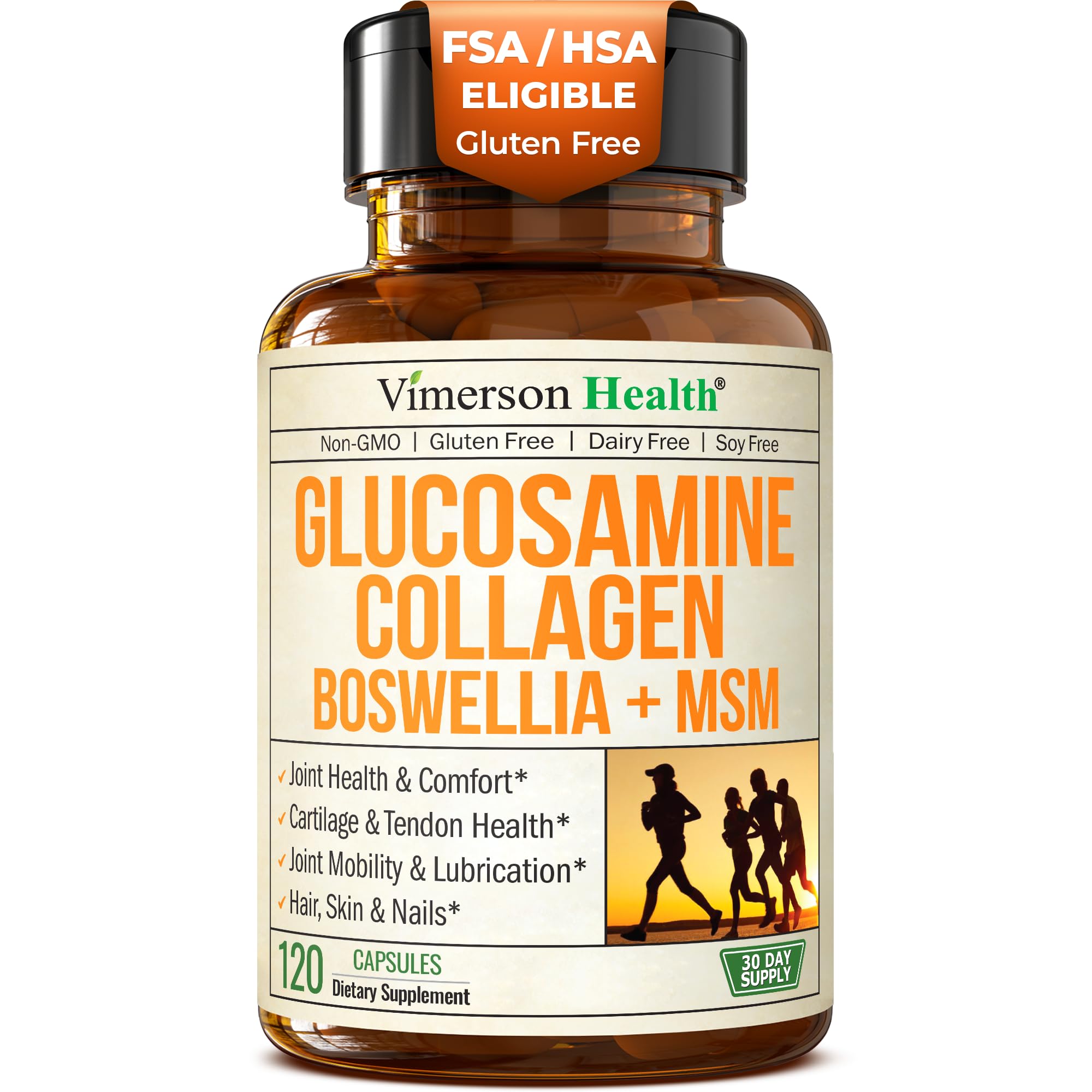 Vimerson Health glucosamine-chondroitin-msm-collagen bottle showing joint support