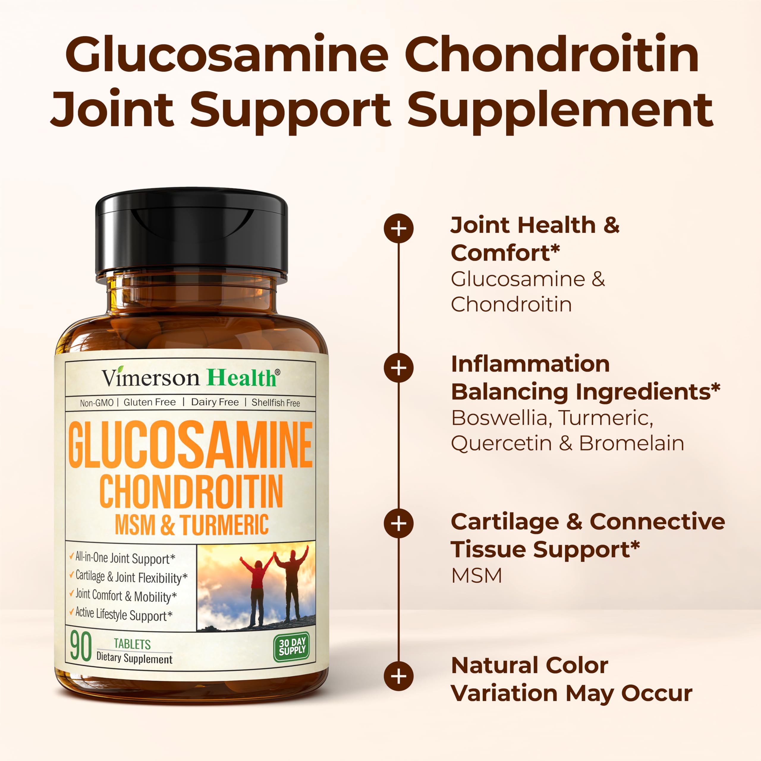 Vimerson Health Glucosamine tablets in hand after workout suggest post-exercise mobility benefits.