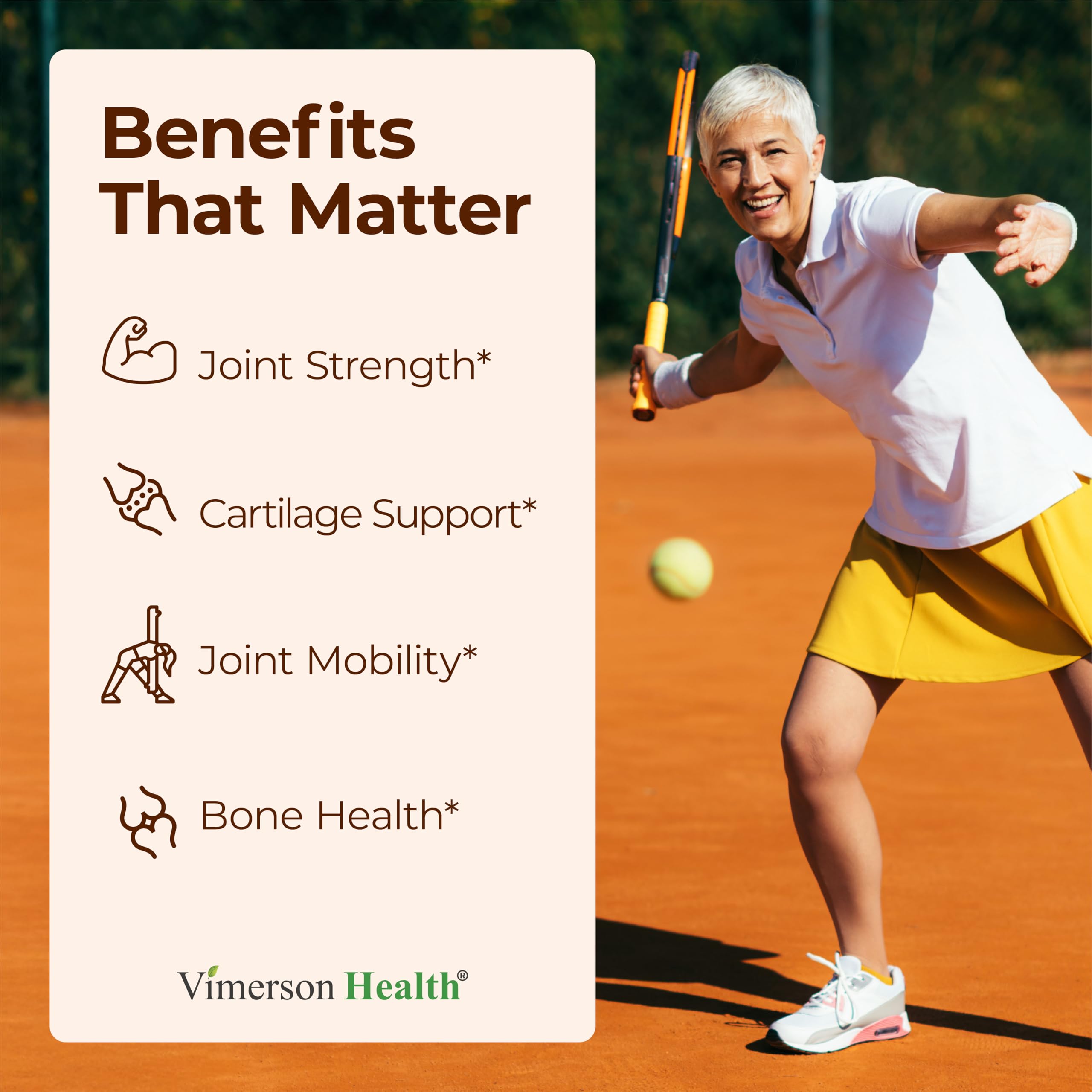 Vimerson Health Glucosamine tablets closeup highlighting easy-to-swallow capsules for daily use.
