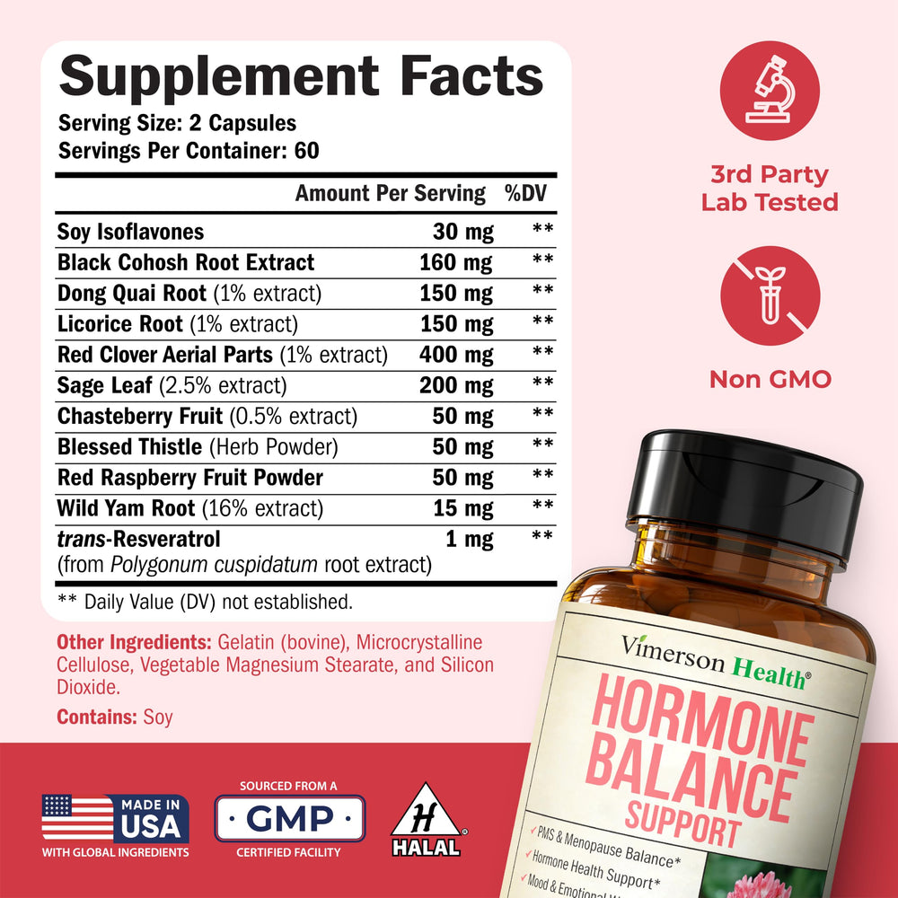 Vimerson Health Hormone Harmony herbal blend with Black Cohosh and Dong Quai supports gradual comfort
