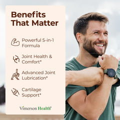 Vimerson Health joint-support capsules close-up highlighting Hyaluronic Acid lubrication.