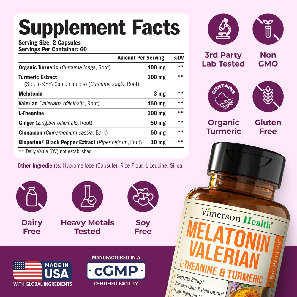 Vimerson Health Melatonin 3mg sleep aid capsules close-up showing smooth capsules