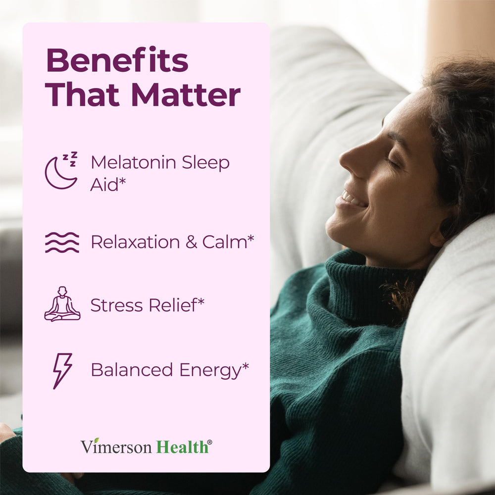Vimerson Health Melatonin 3mg ingredients panel highlights L-Theanine and valerian for calm