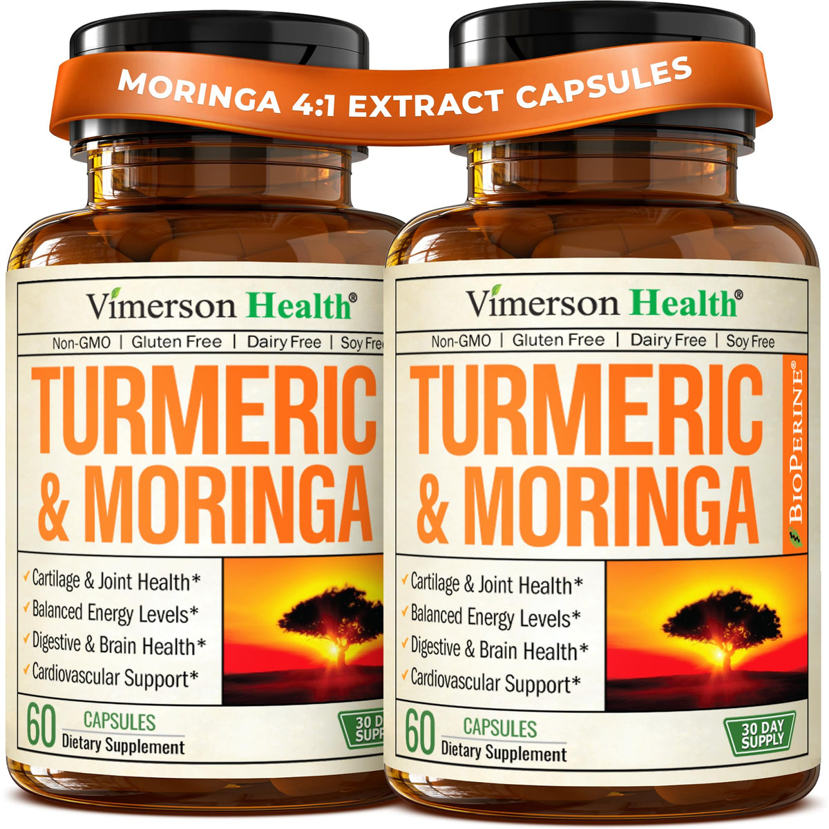 Vimerson Health Moringa Turmeric supplement bottle for joint comfort and immune support.