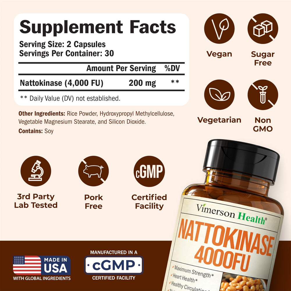 Vimerson Health nattokinase capsules arranged for vegan non-GMO enzyme daily use