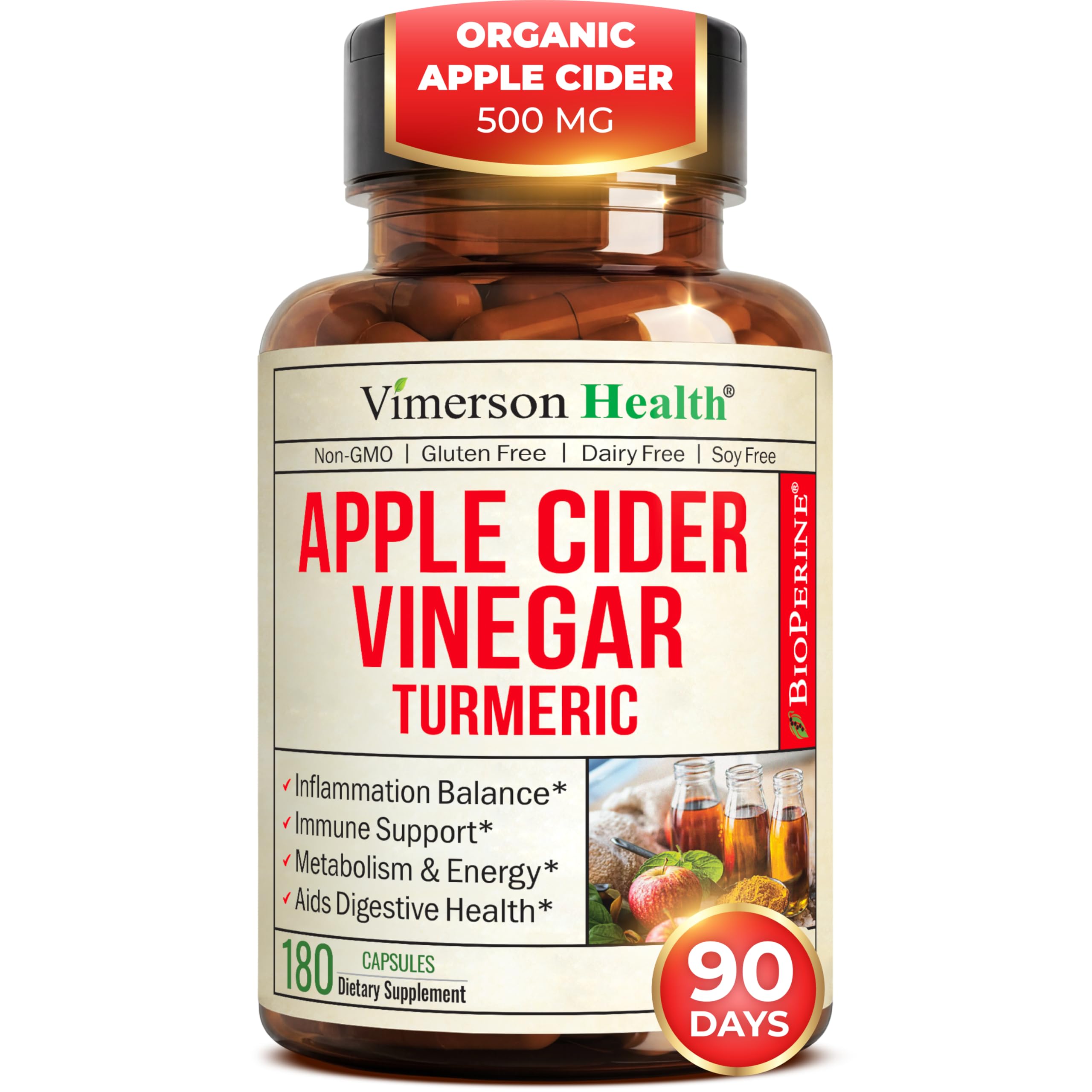 Vimerson Health organic apple cider vinegar turmeric ginger bottle shown for daily wellness