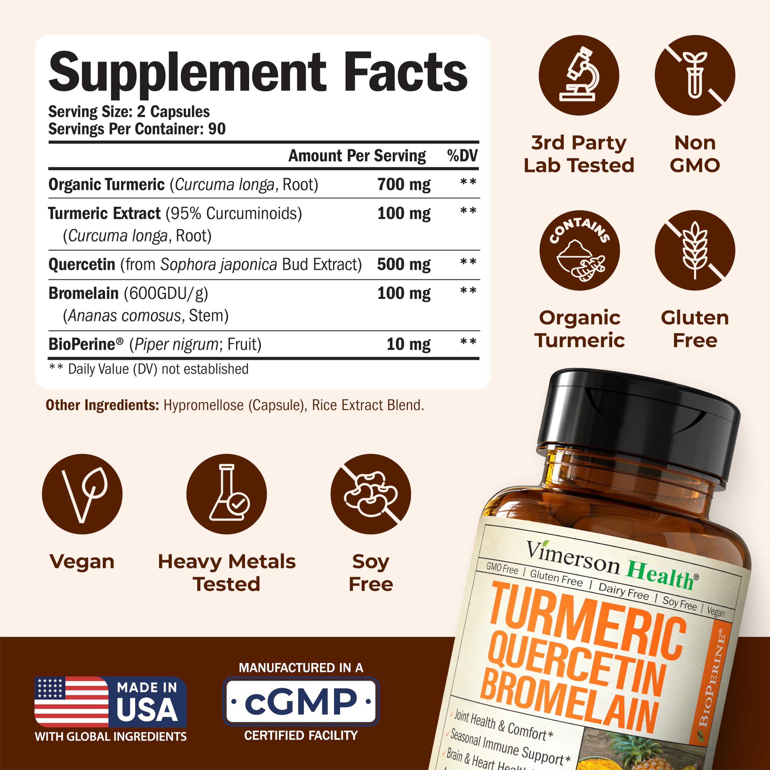 Vimerson Health Organic Turmeric Curcumin capsules shown for joint comfort.