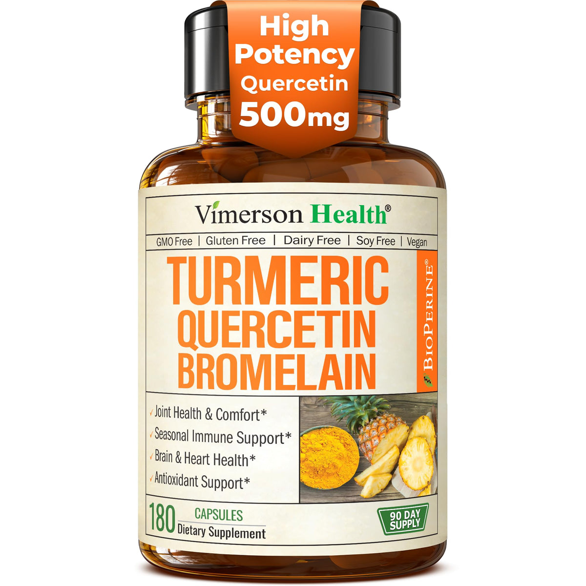Vimerson Health Quercetin with Bromelain Turmeric bottle for daily immune support.