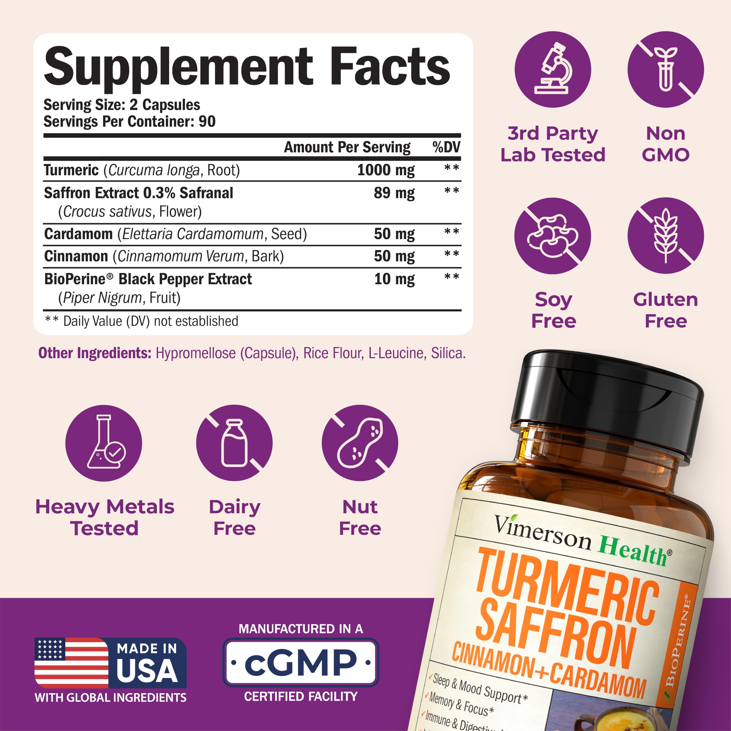 Vimerson Health Saffron Supplements bottle bioperine label signals absorption.