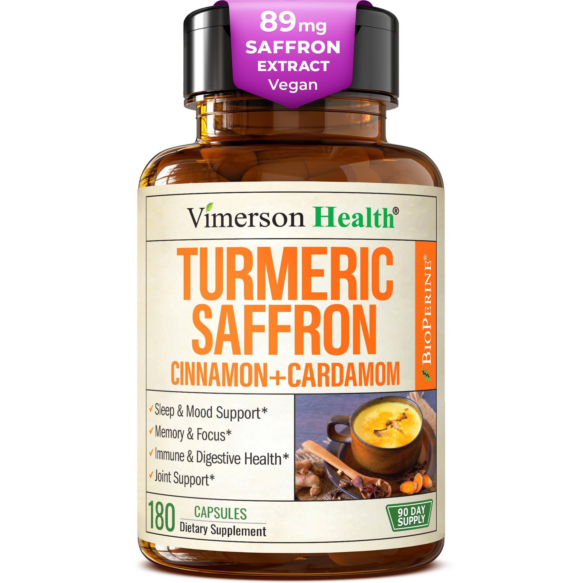Vimerson Health Saffron Supplements bottle front view signaling mood support.